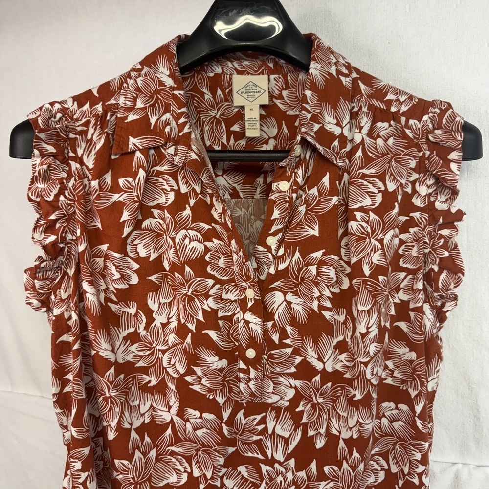 St. John's Bay Women's XL Burnt Orange Floral Woven Collared Button Ruffle Top